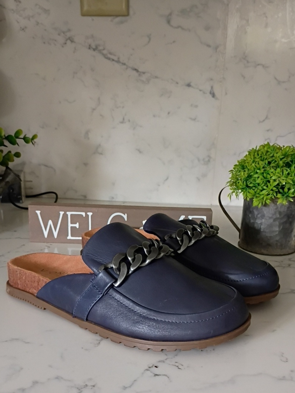 Vionic Navy Slip-On Mule Loafers with Gunmetal Chain